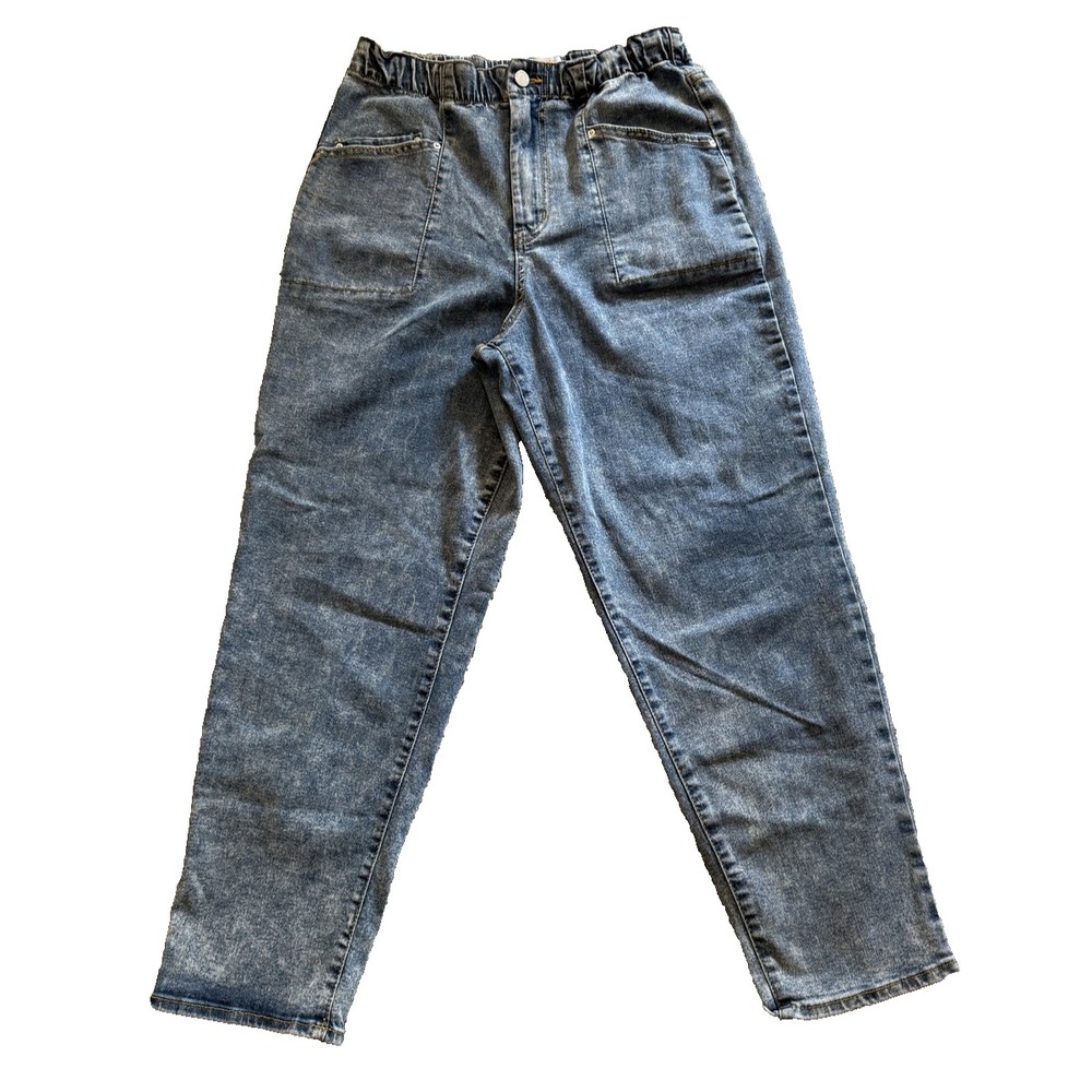 Barrel Frayed Jeans Womens 28 High Rise Tapered Elastic Waist Denim Pants Chic